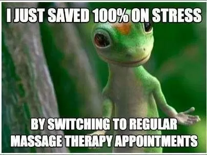 Gecko with a funny caption about saving stress with massage therapy