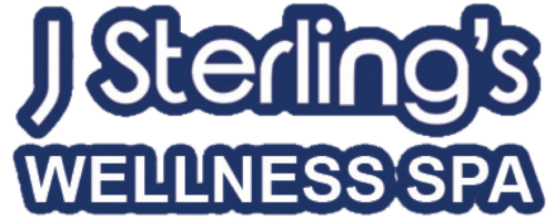 Logo of J Sterling's Wellness Spa in blue and white text